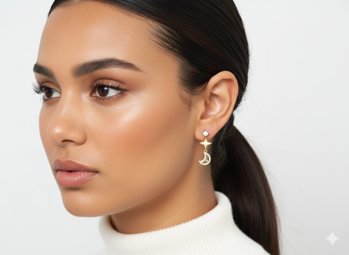 18k Gold Plated Star Noon and Zircon Huggie Earrings