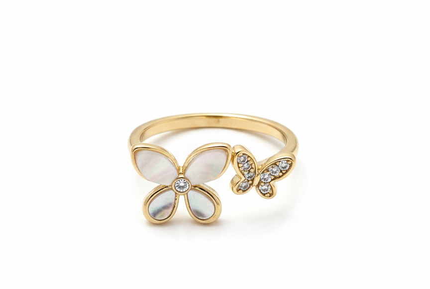Ring Butterfly shell and Zirconia- Gold plated 18k -Adjustable