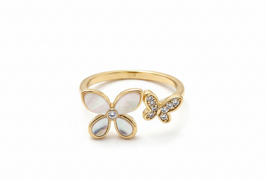 Ring Butterfly shell and Zirconia- Gold plated 18k -Adjustable