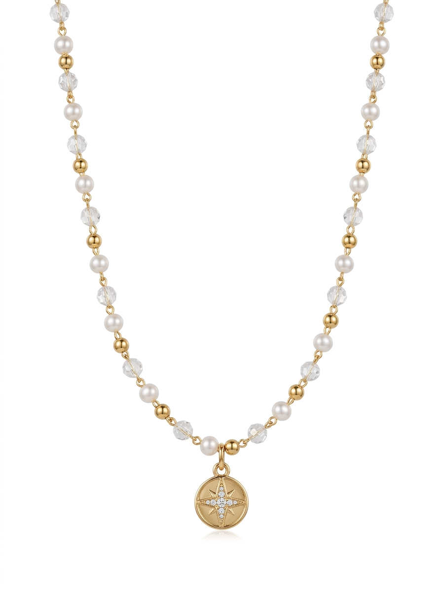 Pearl Necklace with Crystal and Star Pendant 18k Gold Plated