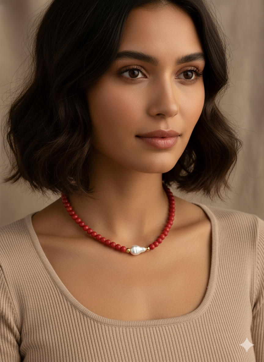 Necklace Red Onix and Mother pearl