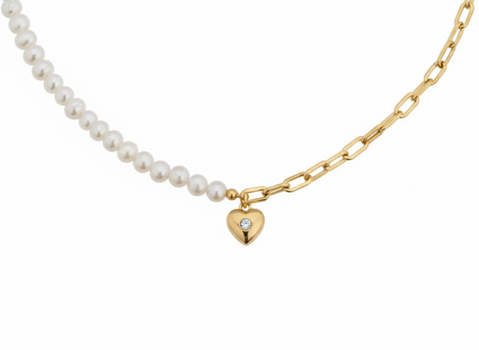 Necklace with White Freshwater Pearl & Mini Heart Pendant