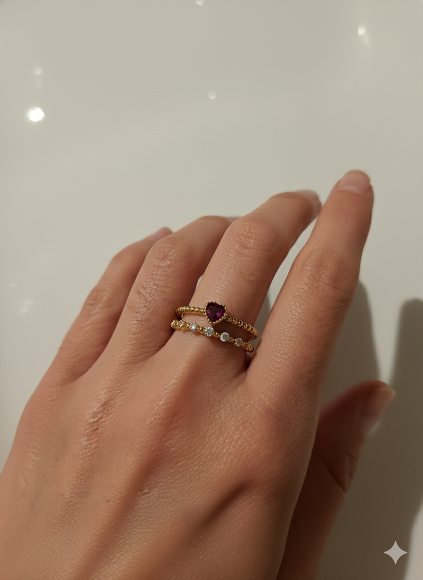 Pink Heart Ring with Zircon Stones – 18K Gold-Plated Adjustable