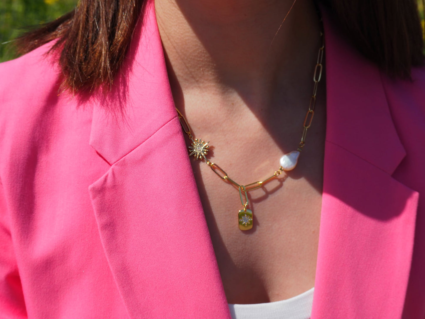 Pearl Sun & Star Necklace with Zircons | 18K Gold Plated