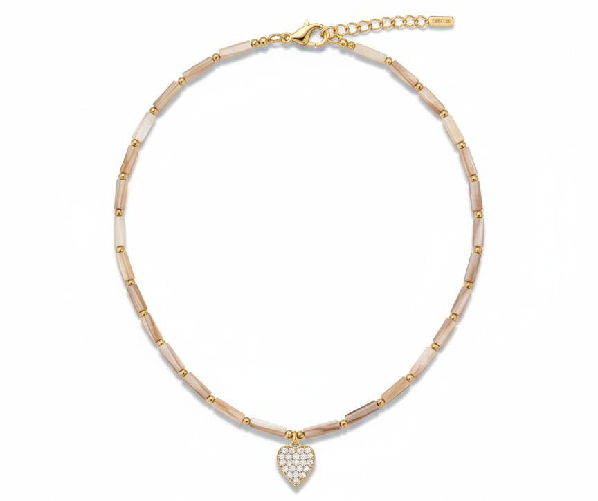 Natural Stone Necklace with Seashell & Heart Pendant