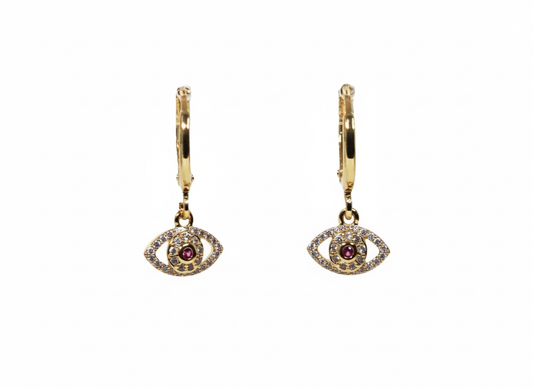 Huggies Pink Evil Eye Earrings - Gold Plated 18k