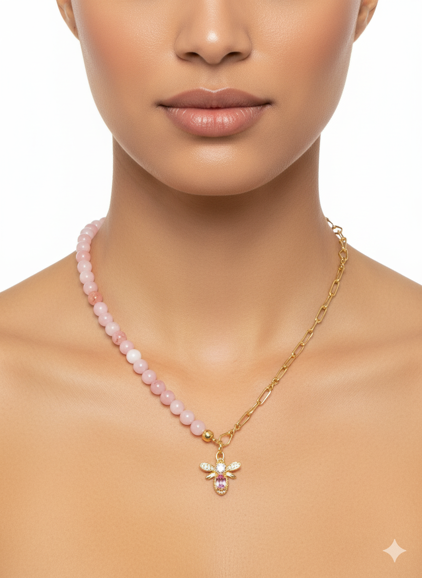 Half Pink Agate & Half Gold Chain Necklace with Pink Bee Pendant