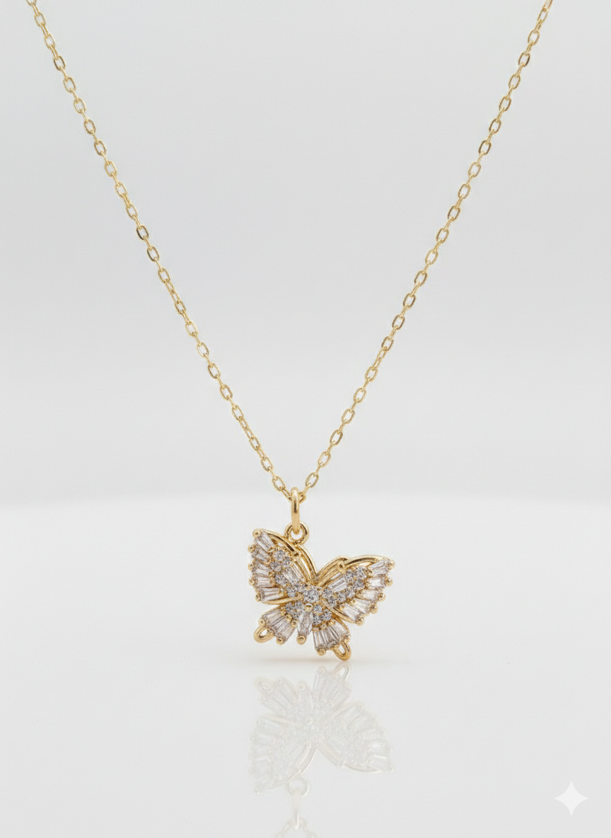 Butterfly Necklace with Pink Zircons – 18K Gold Plated