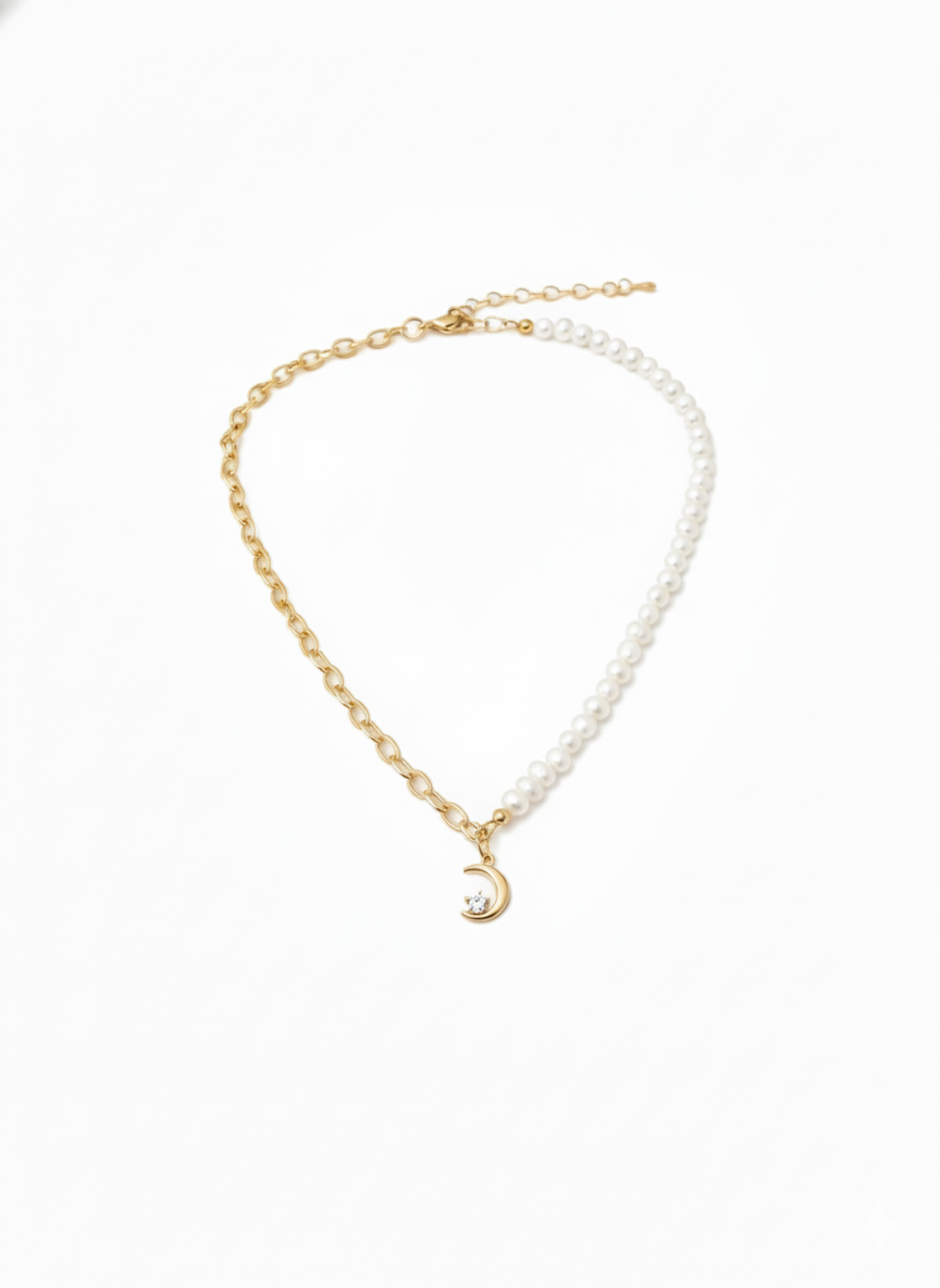 Half Chain & Freshwater Pearl Necklace with Noon Pendant-Gold plated 18k
