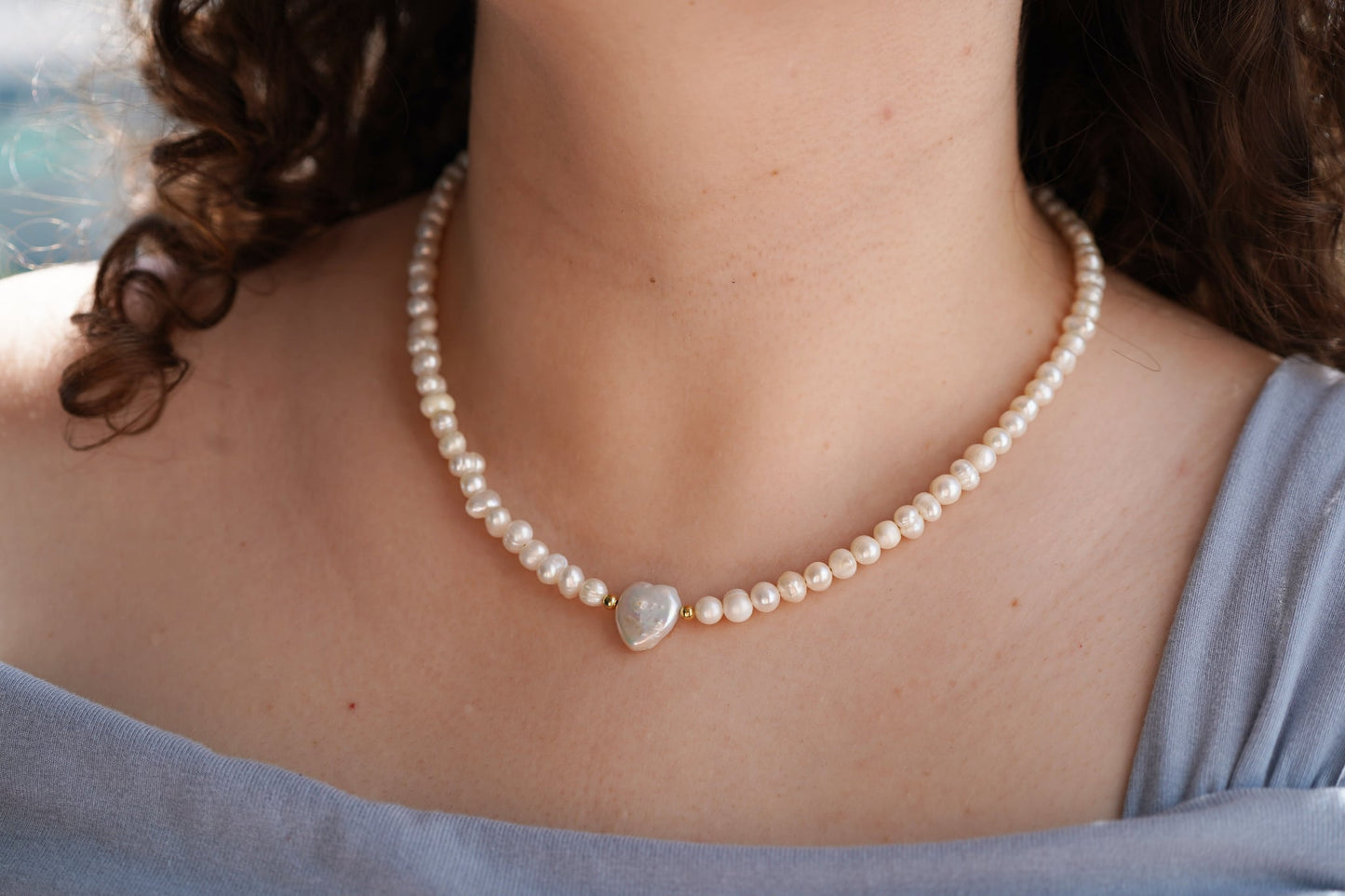 Freshwater Pearl Necklace with Mother of Pearl Heart