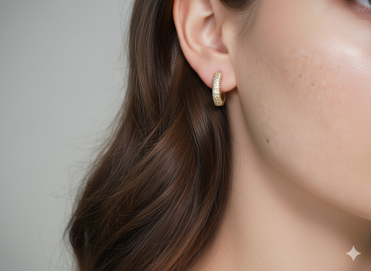 18k Gold Plated Chunky Circle Huggie Earrings with White Zirconia