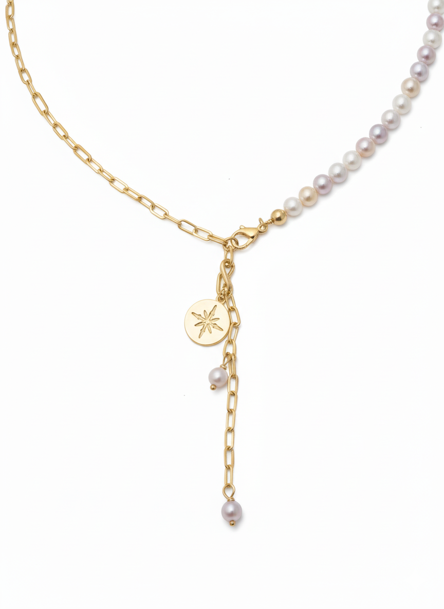 Rose Water Fresh Pearls & Half chain Necklace – 18K Gold-Plated