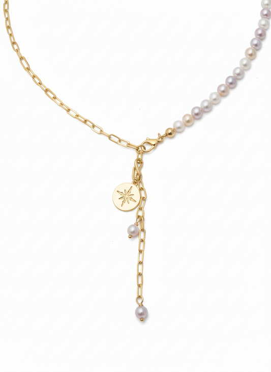 Rose Water Fresh Pearls & Half chain Necklace – 18K Gold-Plated
