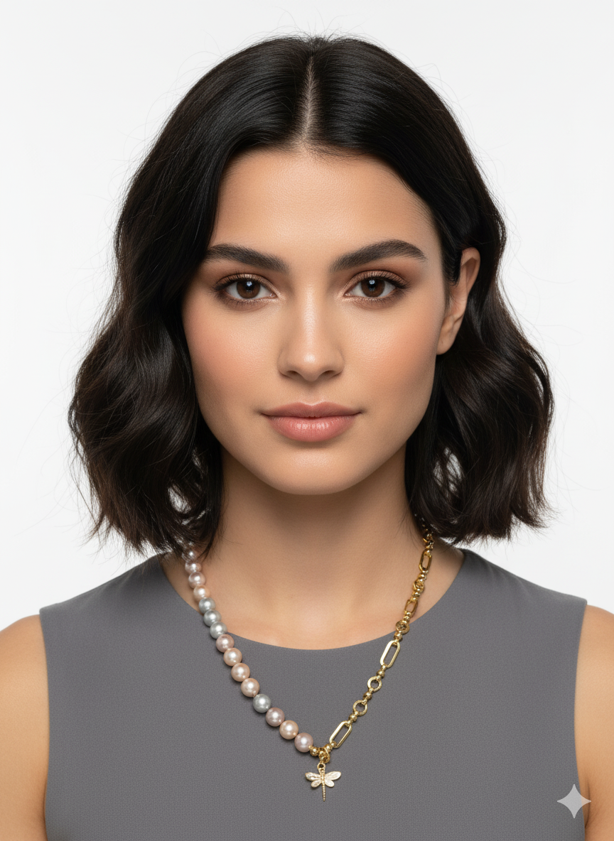 Fresh Water Pearl Necklace with Half Chain & Dragonfly Pendant-18K Gold Plated