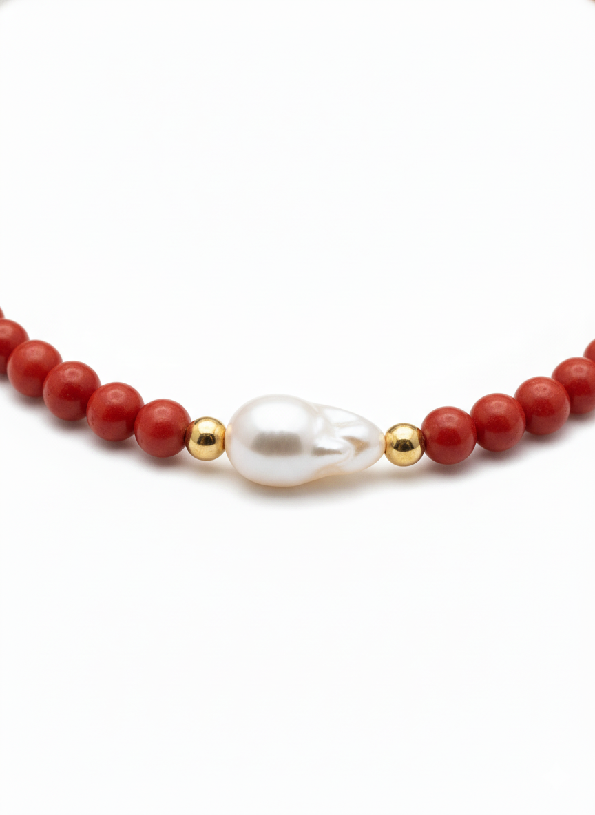 Necklace Red Onix and Mother pearl