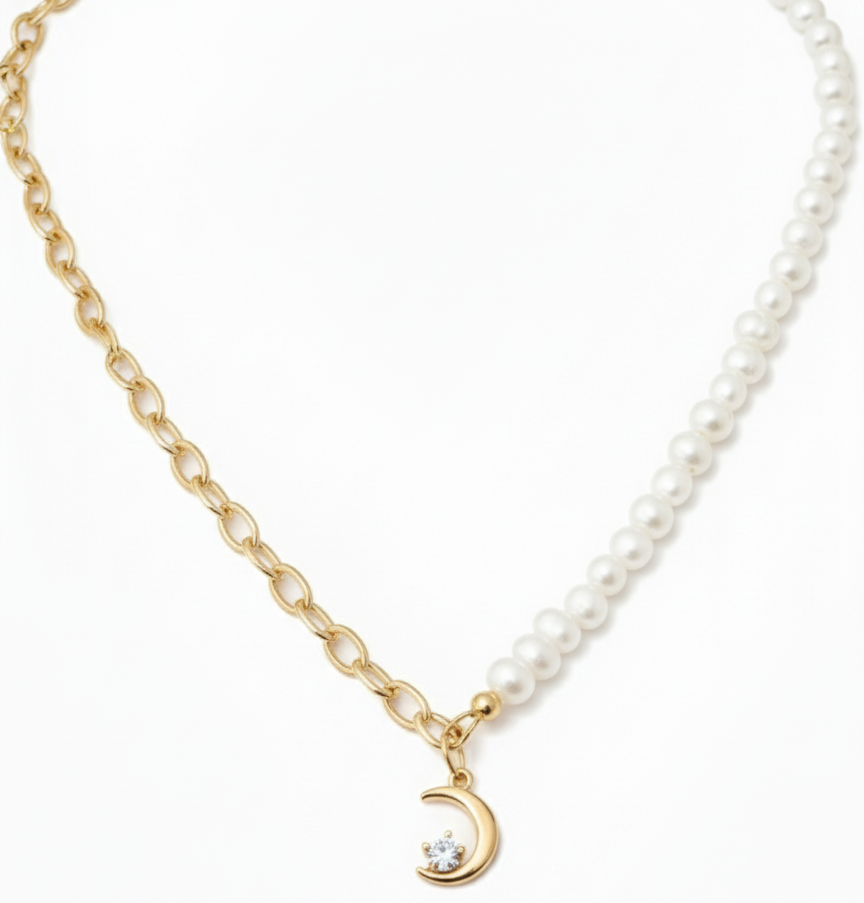Half Chain & Freshwater Pearl Necklace with Noon Pendant-Gold plated 18k