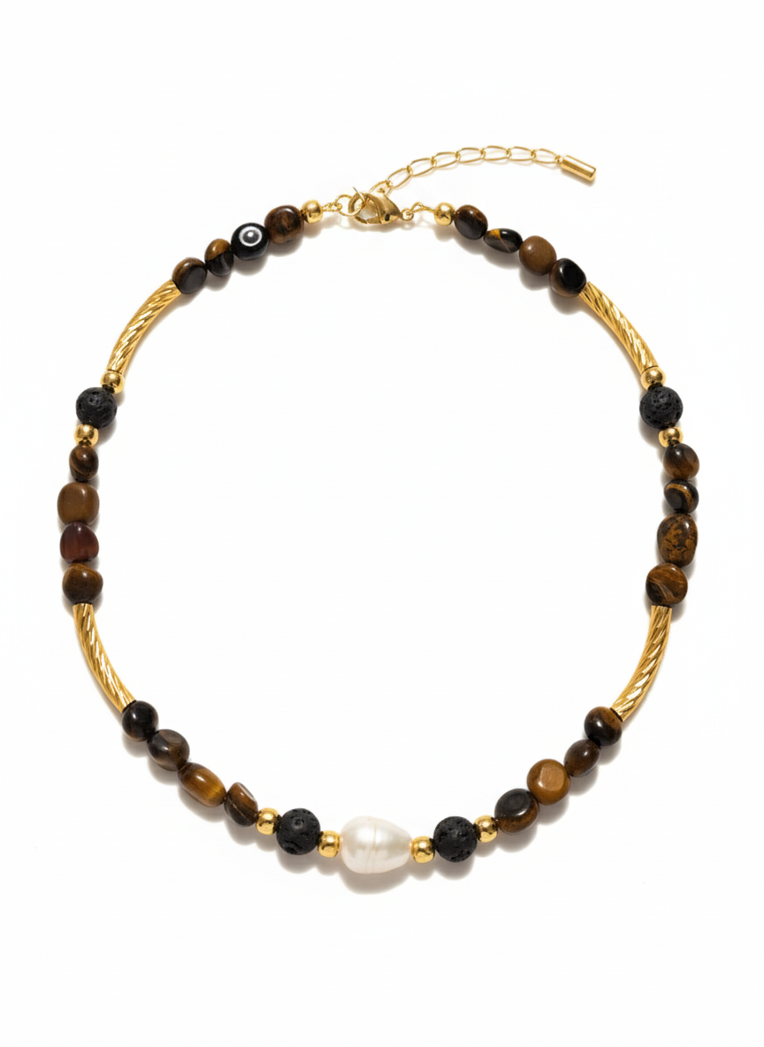 Tiger Eye & Freshwater Pearl Necklace – Adjustable 16.5