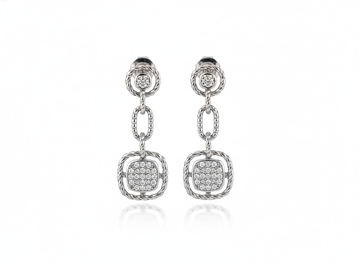 Long Square Earrings with Zirconia - Sterling Silver 925