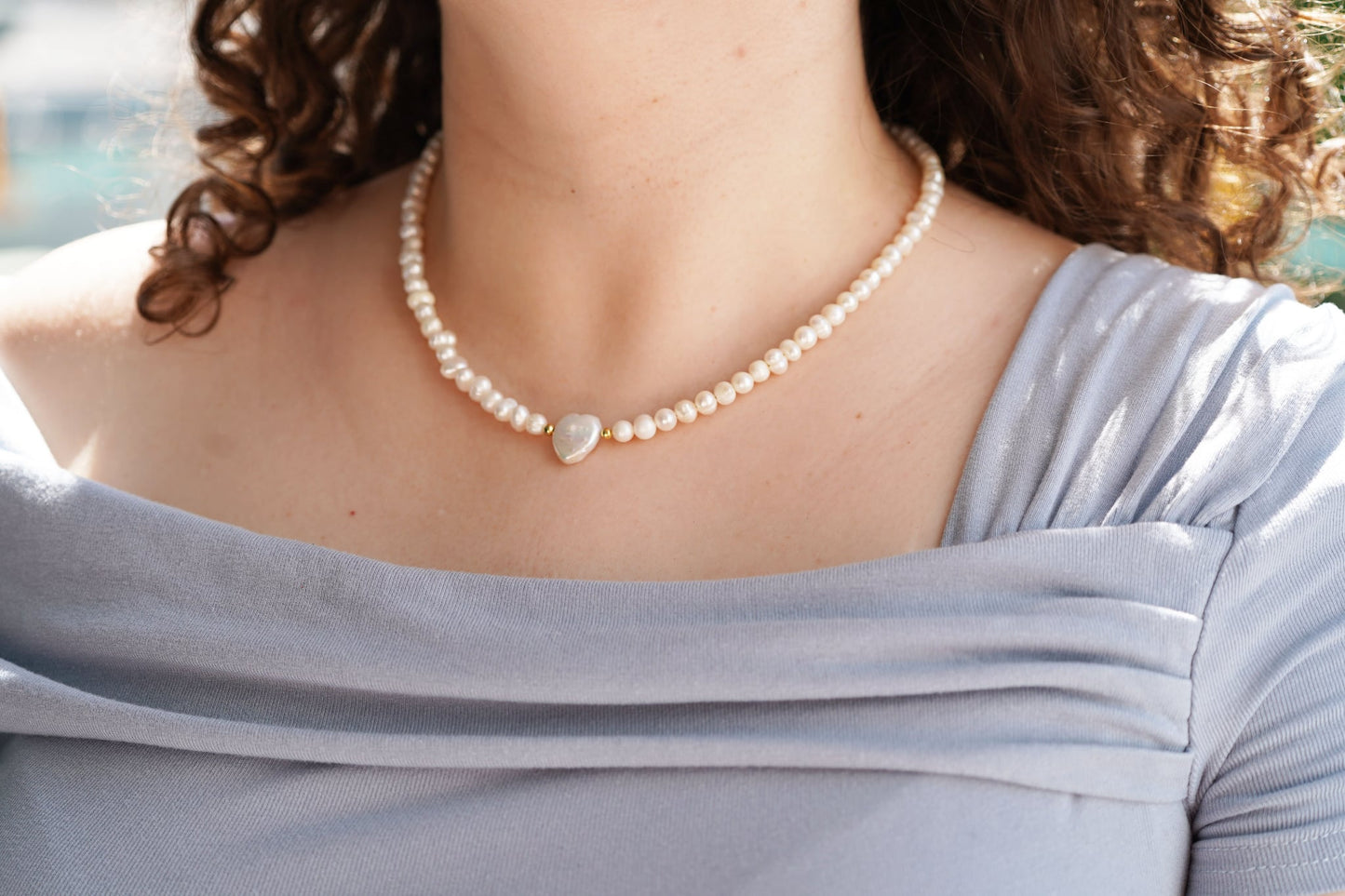 Freshwater Pearl Necklace with Mother of Pearl Heart