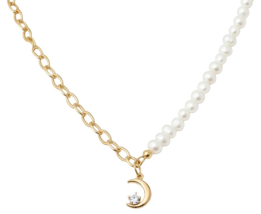 Half Chain & Freshwater Pearl Necklace with Noon Pendant-Gold plated 18k