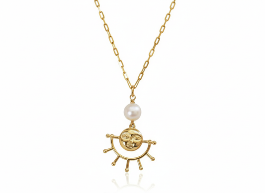 Face Pendant Necklace with Zircons | 18K Gold Plated