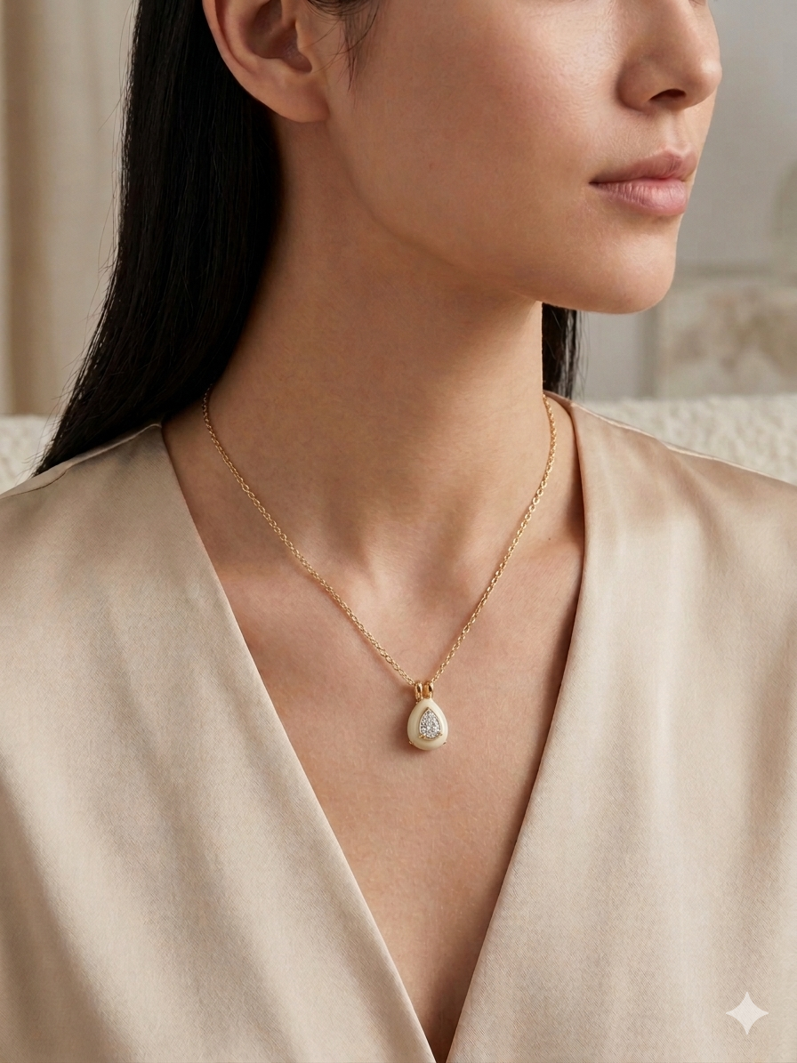 Pink Oval Acrylic Necklace with Zirconia-Gold plated 18k
