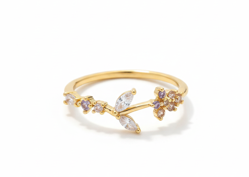 Zirconia Leaves & Flowers Ring – Adjustable 18K Gold Plated