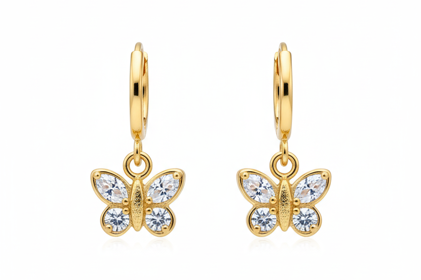 18k Gold Plated Butterfly Huggies with White Zirconia