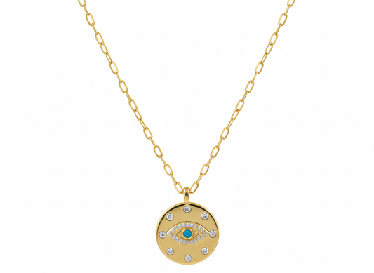 Blue Evil Eye Circle Pendant Necklace – 18K Gold Plated