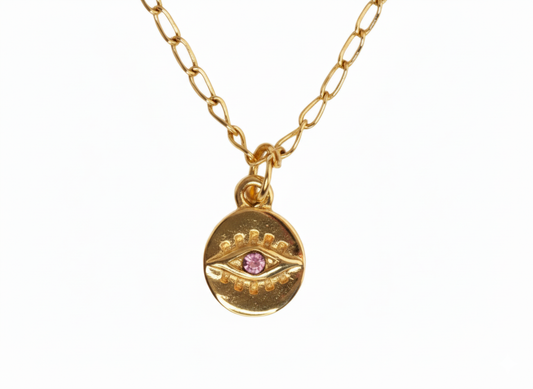 Mini Pink Evil Eye Pendant Necklace – 18K Gold Plated