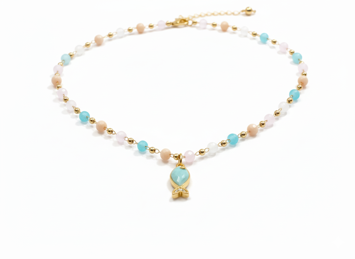 Crystal Soft Color Necklace with Blue Fish Pendant and Zirconia