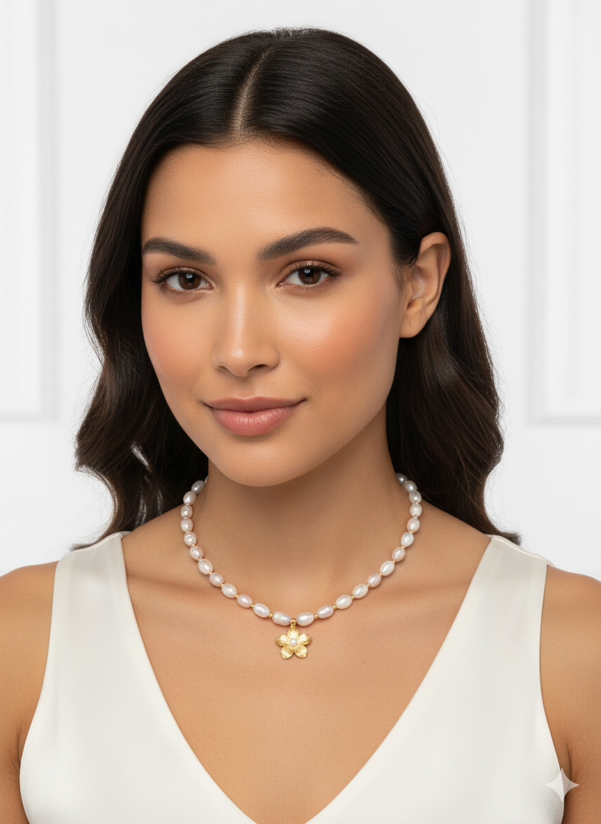 Freshwater Pearl Necklace – Purple Pearl with Stone Pendant-18K Gold-Plated