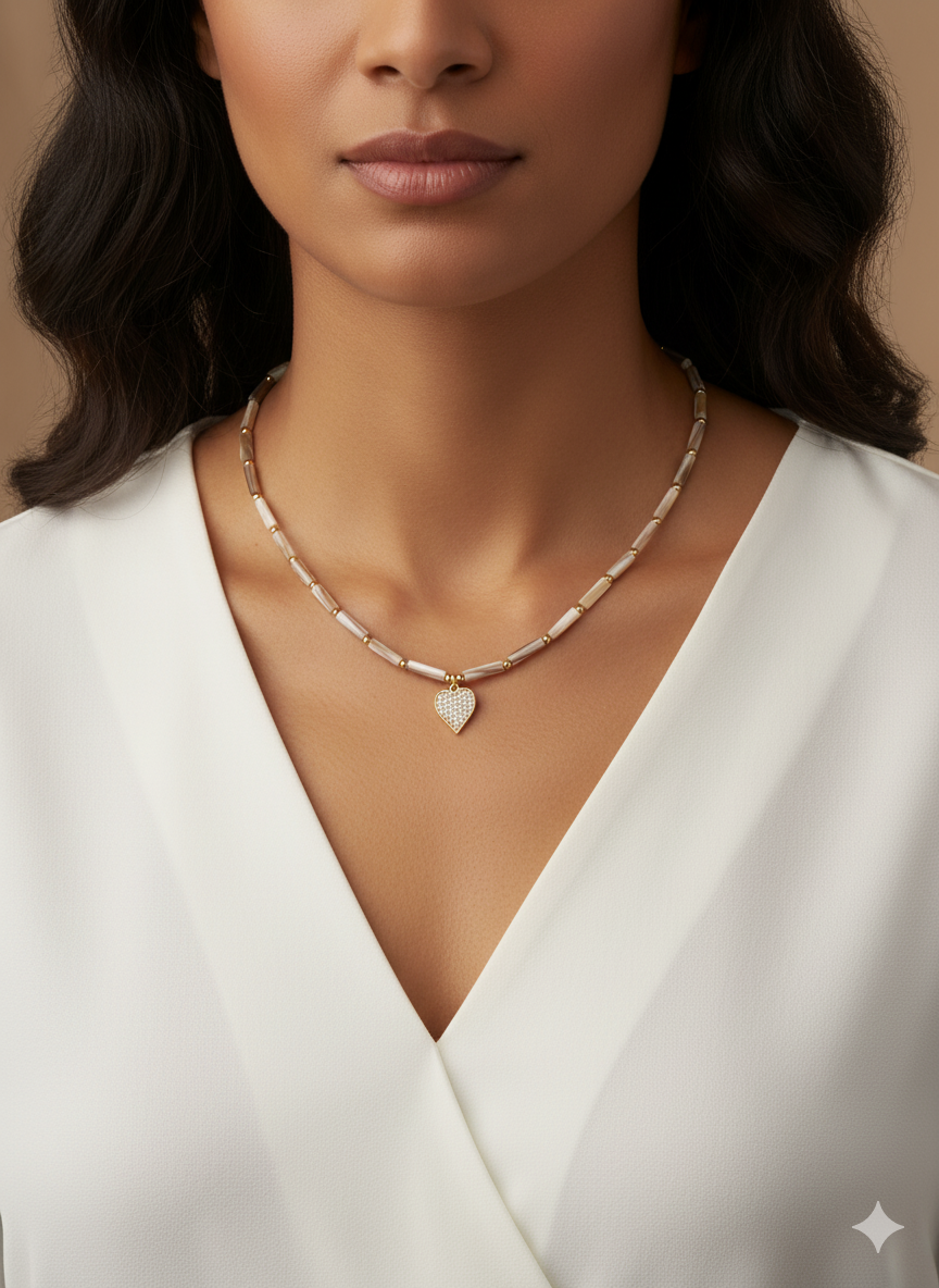 Natural Stone Necklace with Seashell & Heart Pendant