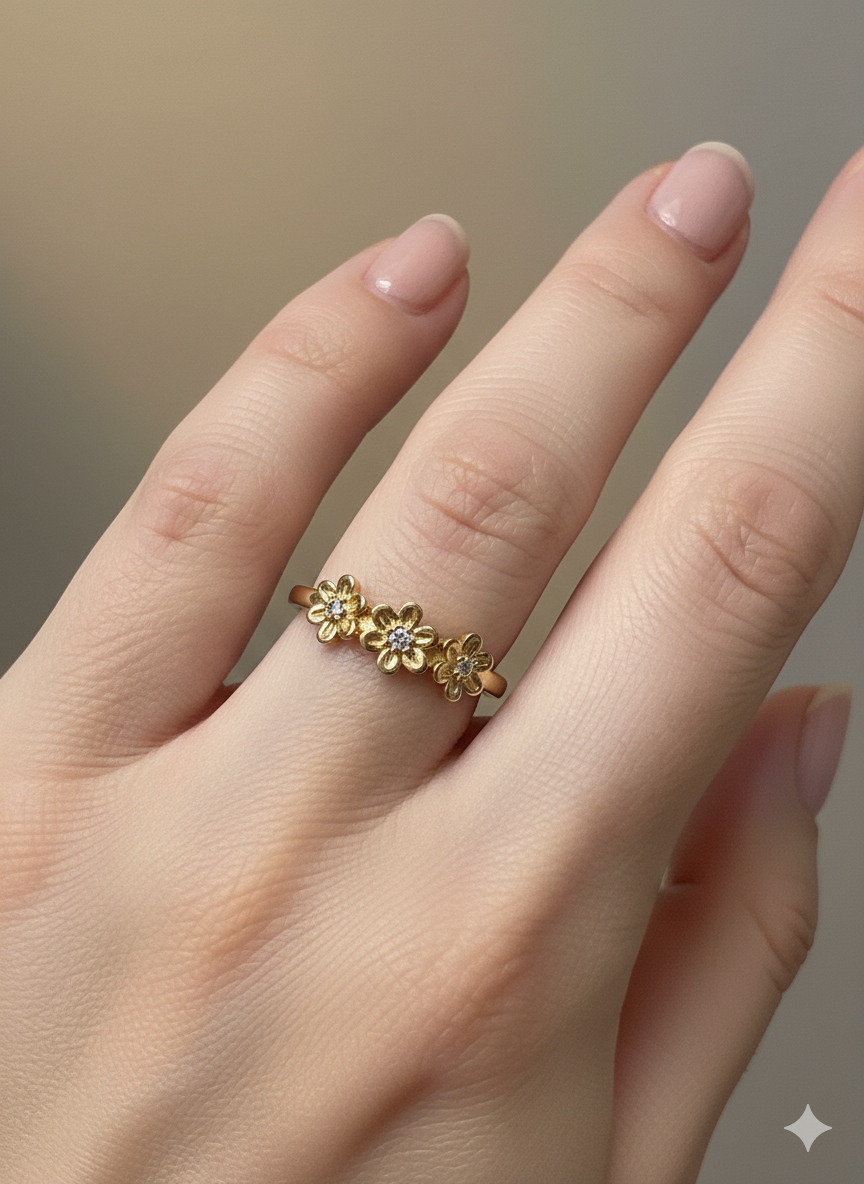 Flowers  Ring with Zircons – Adjustable 18K Gold Plated