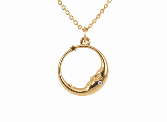 Circle Half Moon & Star Pendant Necklace – 18K Gold Plated