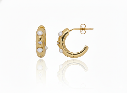 Gold Plated 18k Hoop Earrings with Pearls and Zircons