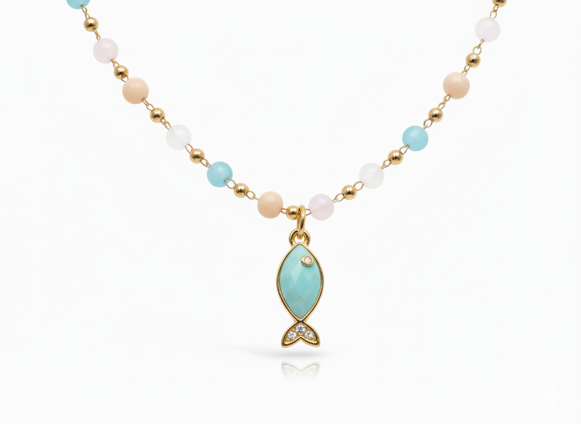 Crystal Soft Color Necklace with Blue Fish Pendant and Zirconia