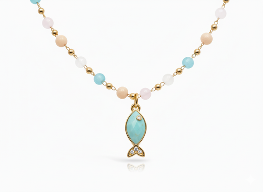 Crystal Soft Color Necklace with Blue Fish Pendant and Zirconia