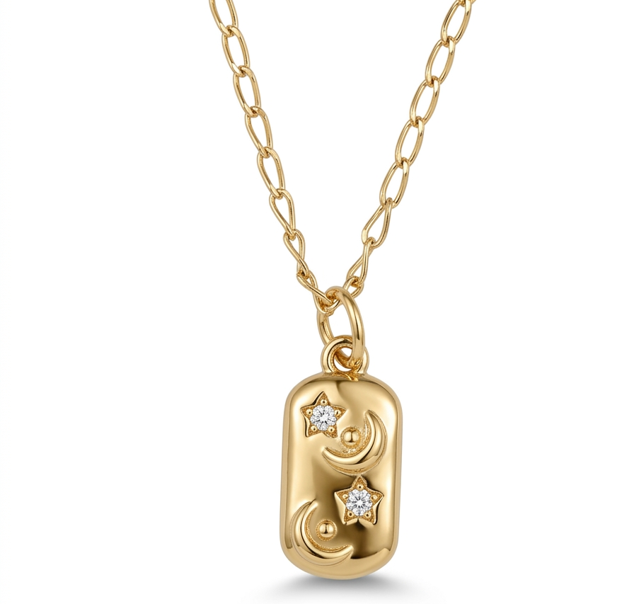 Moon & Star zirconia  Pendant Necklace -Gold Plated 18k