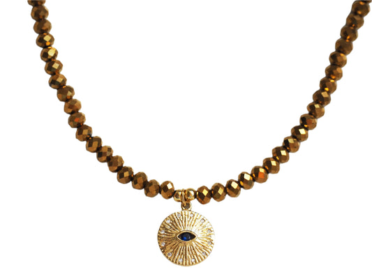 Gold Crystal Necklace with Evil Eye Pendant