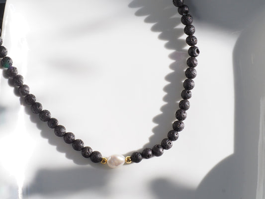 Lava Rock stone and Natural pearl Necklace