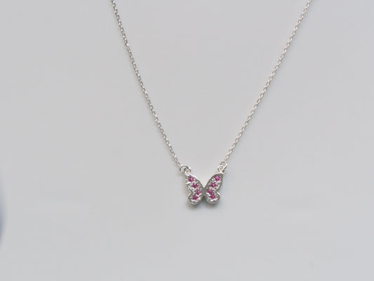 Silver Butterfly with Pink Zircons Necklace Sterling Silver 925